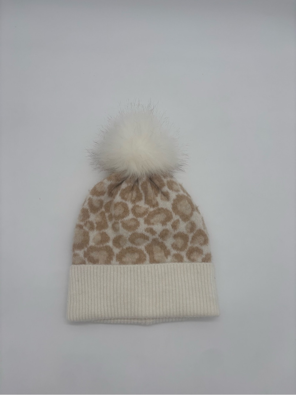 LOFT Leopard Print Faux Fur Pom Beanie Wool Blend